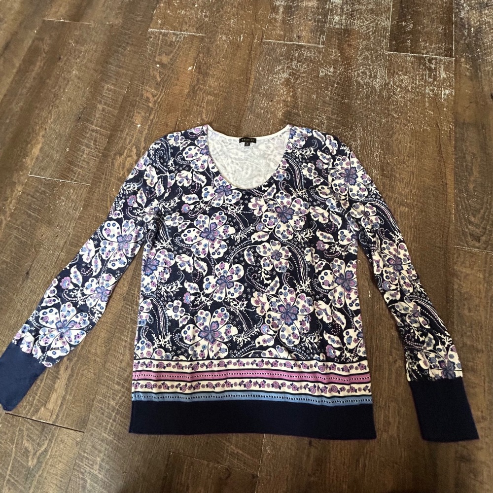 Talbots Womens M Navy Blue Floral Paisley Cotton Rayon Scoop Neck Sweater Top